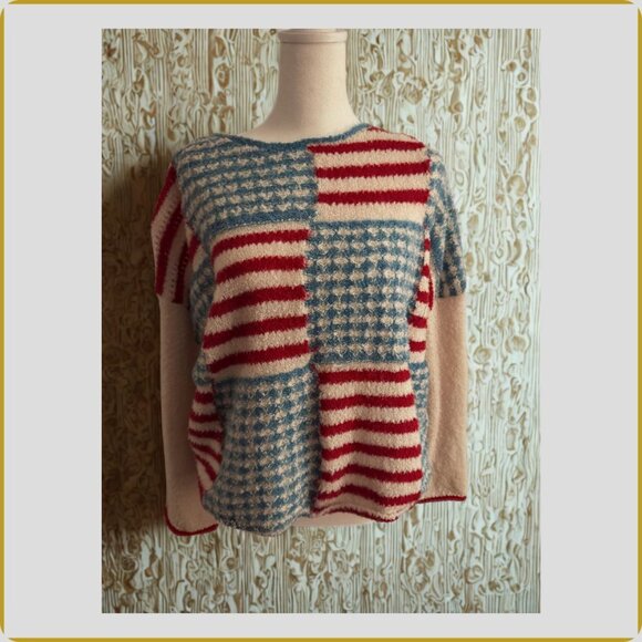 Cozy Patchwork Knit Sweater – Red & Blue Americana Pattern – Size M - Picture 8 of 10